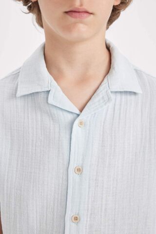 Erkek Çocuk Oversize Geniş Kalıp Polo Yaka Müslin Kısa Kollu Gömlek