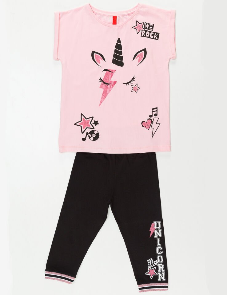 Rocker Unicorn Kız Çocuk T-shirt Kapri Şort Takım 7 Y - Pembe Siyah