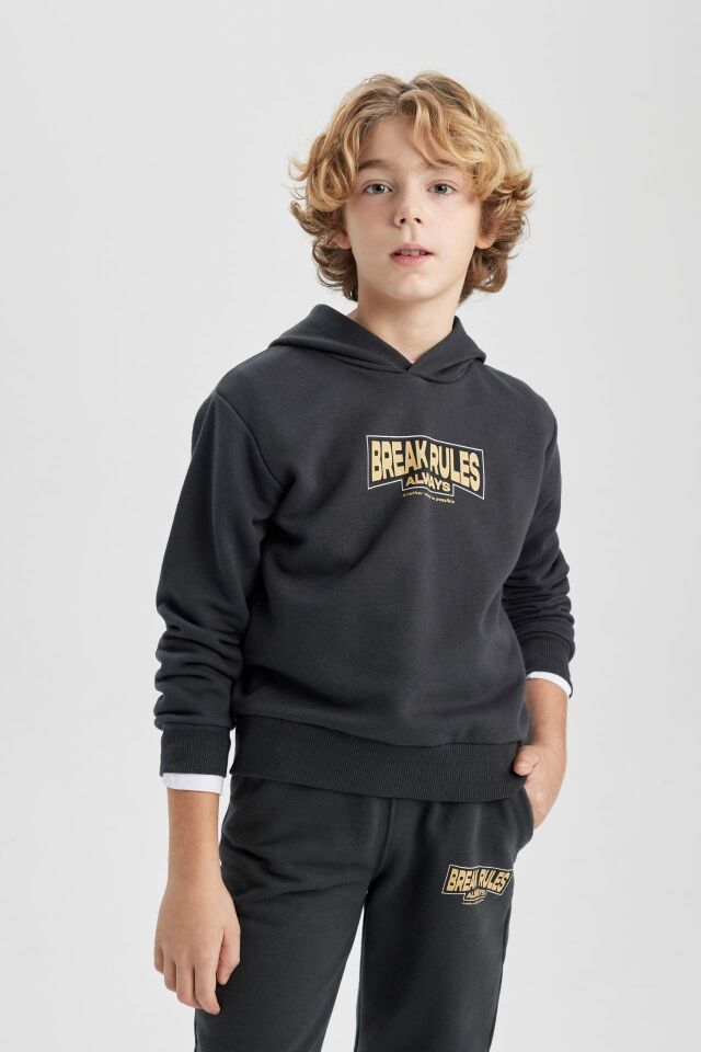 Erkek Çocuk Baskılı Kapüşonlu Kalın Sweatshirt