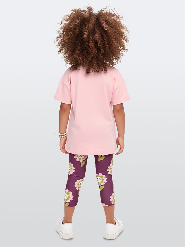 Pembe Çiçekler Kız Çocuk T-shirt Tayt Takım 7Y - Pembe