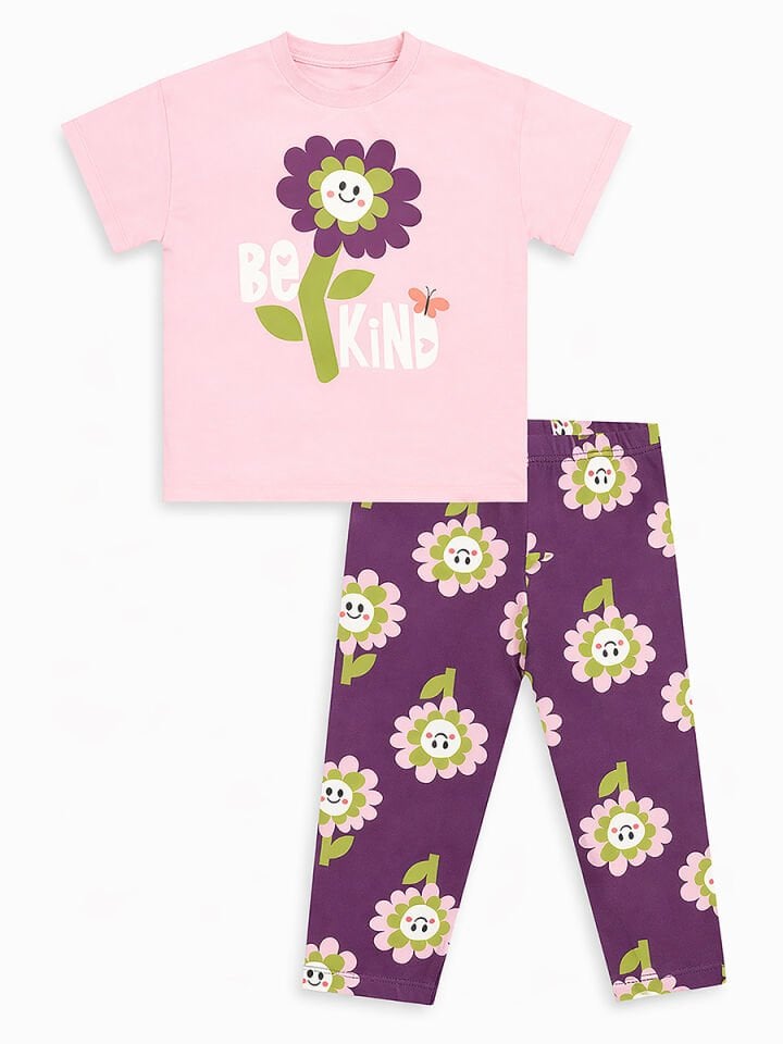 Pembe Çiçekler Kız Çocuk T-shirt Tayt Takım 7Y - Pembe