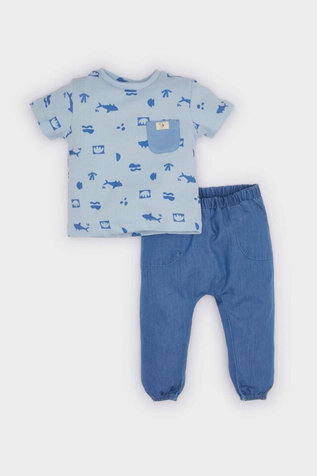 Erkek Bebek 2'li Takım Baskılı Kısa Kollu Tişört Jean Pantolon
