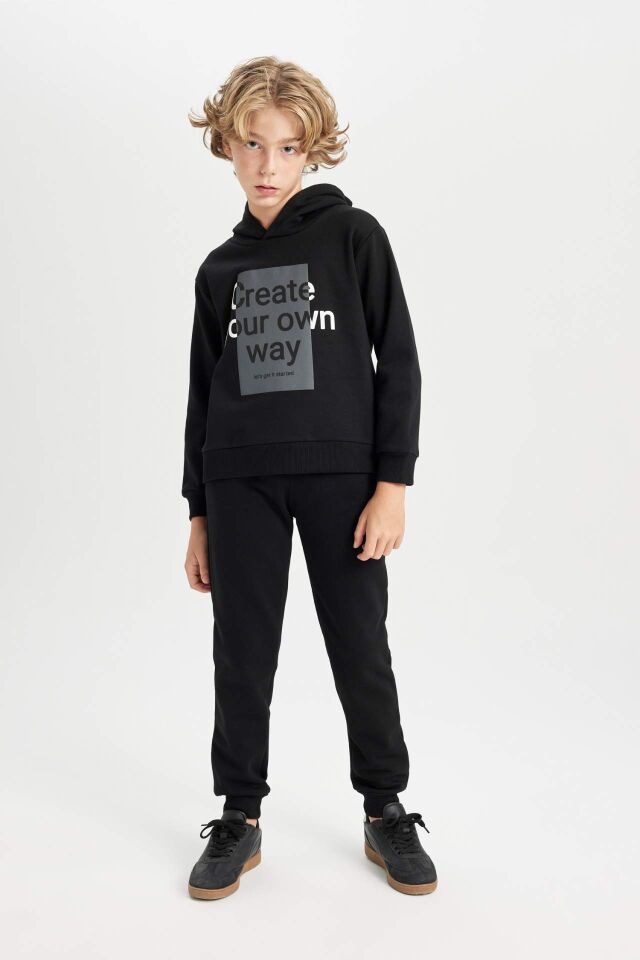 Erkek Çocuk 2'li Takım Kapüşonlu Baskılı Sweatshirt Üst Beli Lastikli Jogger Eşofman Altı