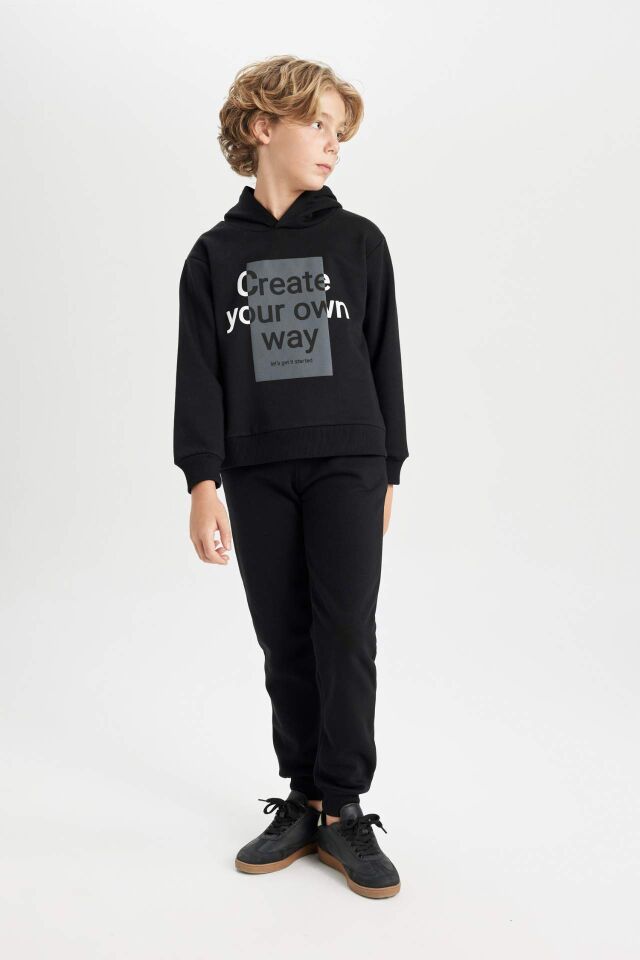 Erkek Çocuk 2'li Takım Kapüşonlu Baskılı Sweatshirt Üst Beli Lastikli Jogger Eşofman Altı