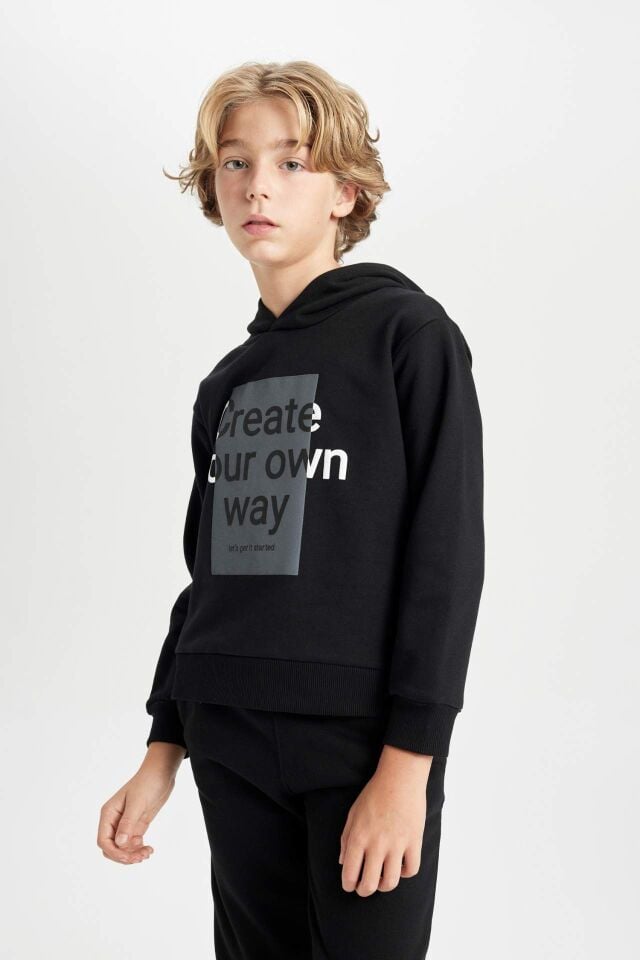 Erkek Çocuk 2'li Takım Kapüşonlu Baskılı Sweatshirt Beli Lastikli Jogger Eşofman Altı