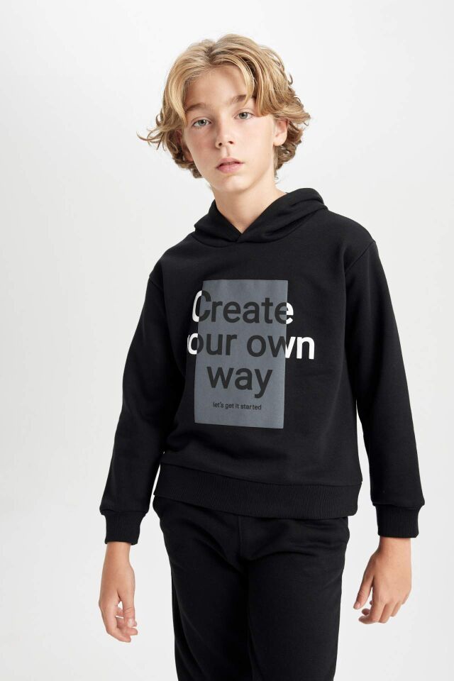 Erkek Çocuk 2'li Takım Kapüşonlu Baskılı Sweatshirt Üst Beli Lastikli Jogger Eşofman Altı