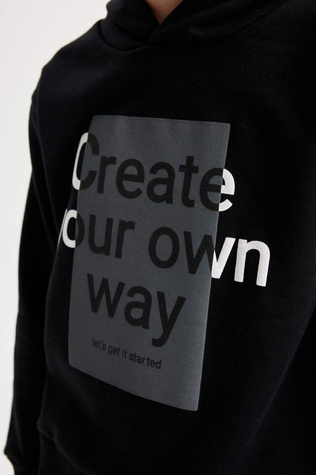 Erkek Çocuk 2'li Takım Kapüşonlu Baskılı Sweatshirt Üst Beli Lastikli Jogger Eşofman Altı