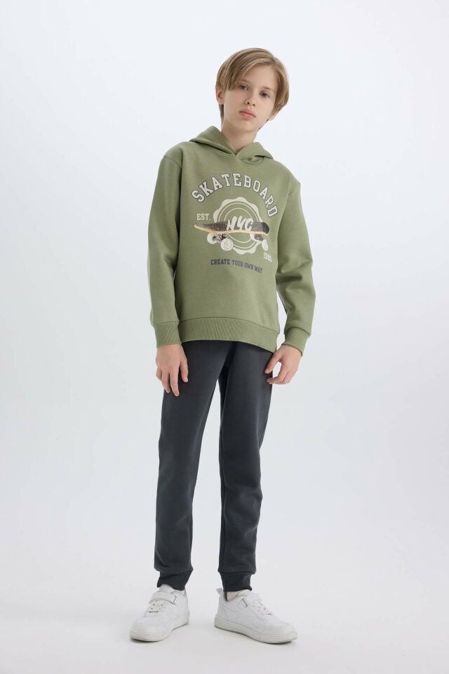 Erkek Çocuk 2'li Takım Kapüşonlu Baskılı Sweatshirt Beli Paçası Lastikli Eşofman Altı
