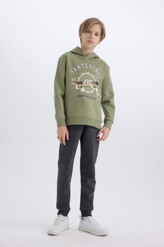 Erkek Çocuk 2'li Takım Kapüşonlu Baskılı Sweatshirt Beli Paçası Lastikli Eşofman Altı