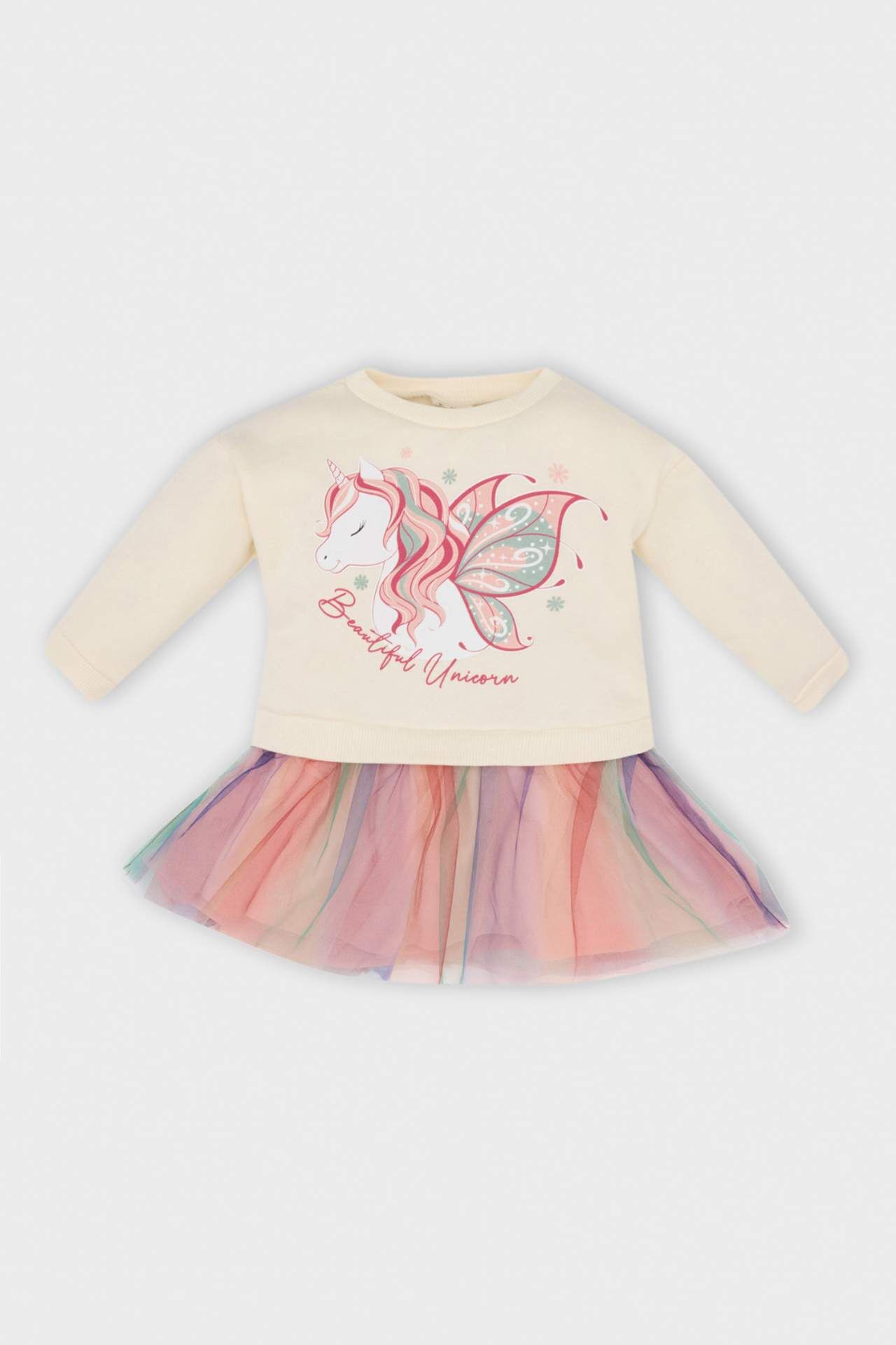Kız Bebek Unicorn Baskılı Uzun Kollu Kalın Tütülü Sweat Elbise