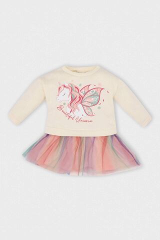 Kız Bebek Unicorn Baskılı Uzun Kollu Kalın Tütülü Sweat Elbise