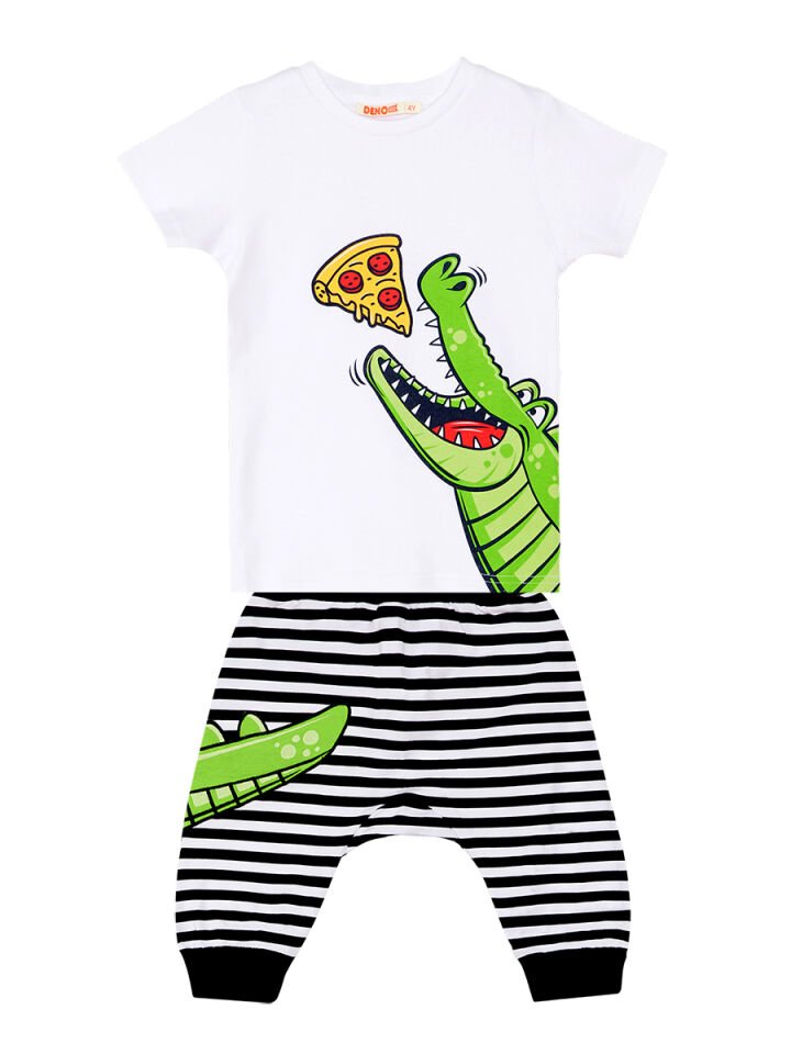 Pizza Timsah Erkek Çocuk T-shirt Kapri Şort Takım 3 Y - Beyas Siyah Yeşil