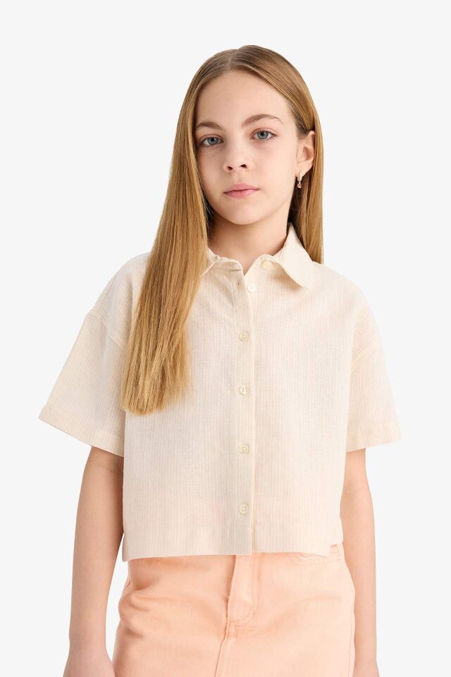 Kız Çocuk Cropped Fit Pamuklu Sırt Baskılı Kısa Kollu Gömlek