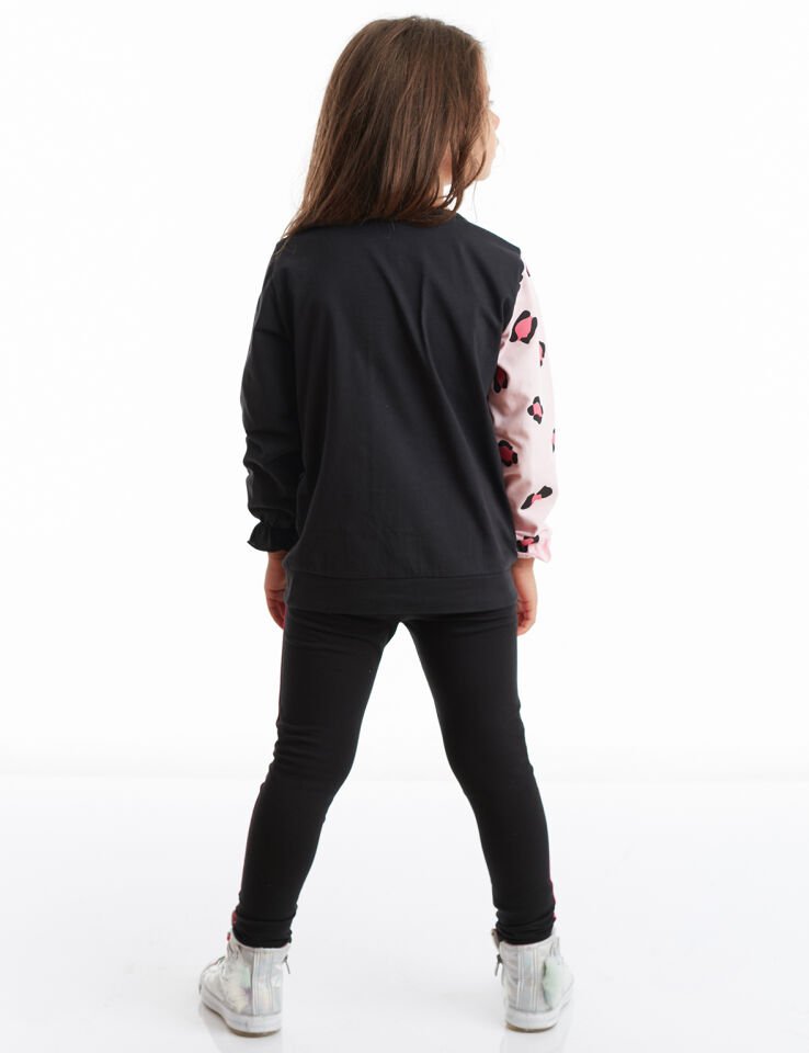Çiçekli Leopar Kız Çocuk T-shirt Tayt Takım 3 Y - Siyah, Pembe