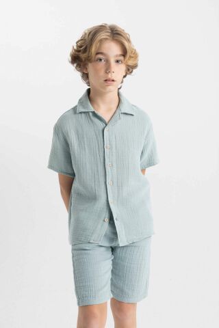 Erkek Çocuk Oversize Geniş Kalıp Polo Yaka Müslin Kısa Kollu Gömlek