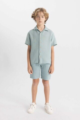Erkek Çocuk Oversize Geniş Kalıp Polo Yaka Müslin Kısa Kollu Gömlek
