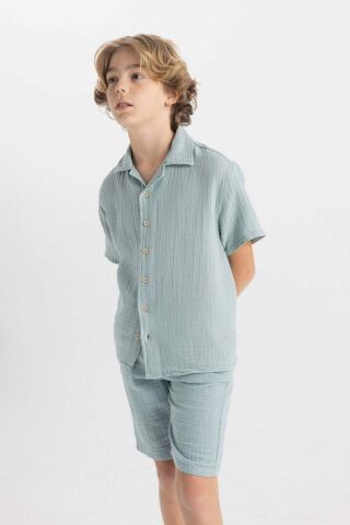 Erkek Çocuk Oversize Geniş Kalıp Polo Yaka Müslin Kısa Kollu Gömlek