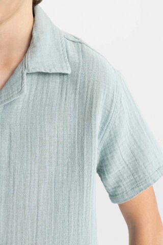 Erkek Çocuk Oversize Geniş Kalıp Polo Yaka Müslin Kısa Kollu Gömlek