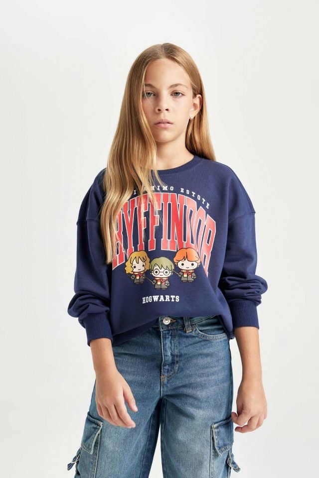 Kız Çocuk Lacivert Harry Potter Relax Fit Bisiklet Yaka Sweatshirt