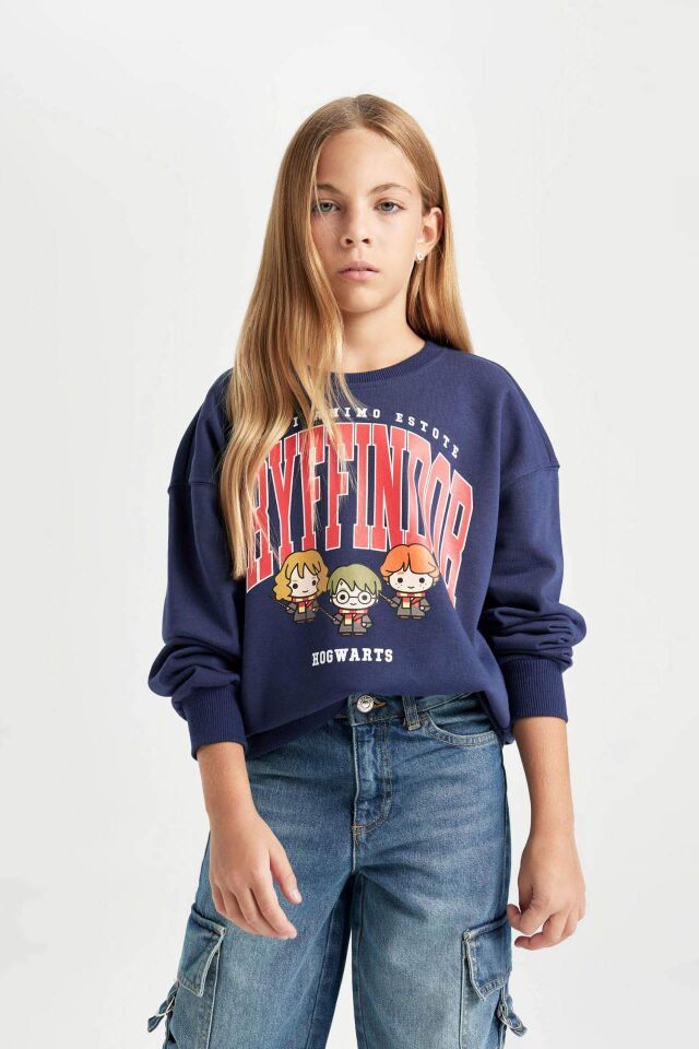 Kız Çocuk Lacivert Harry Potter Relax Fit Bisiklet Yaka Sweatshirt