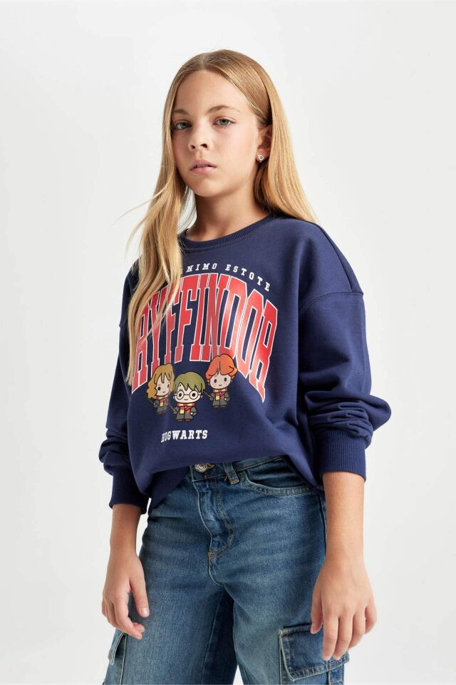 Kız Çocuk Lacivert Harry Potter Relax Fit Bisiklet Yaka Sweatshirt