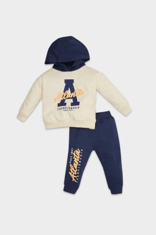 Erkek Bebek 2'li Takım Kapüşonlu Baskılı Sweatshirt Beli Lastikli Jogger Eşofman Altı