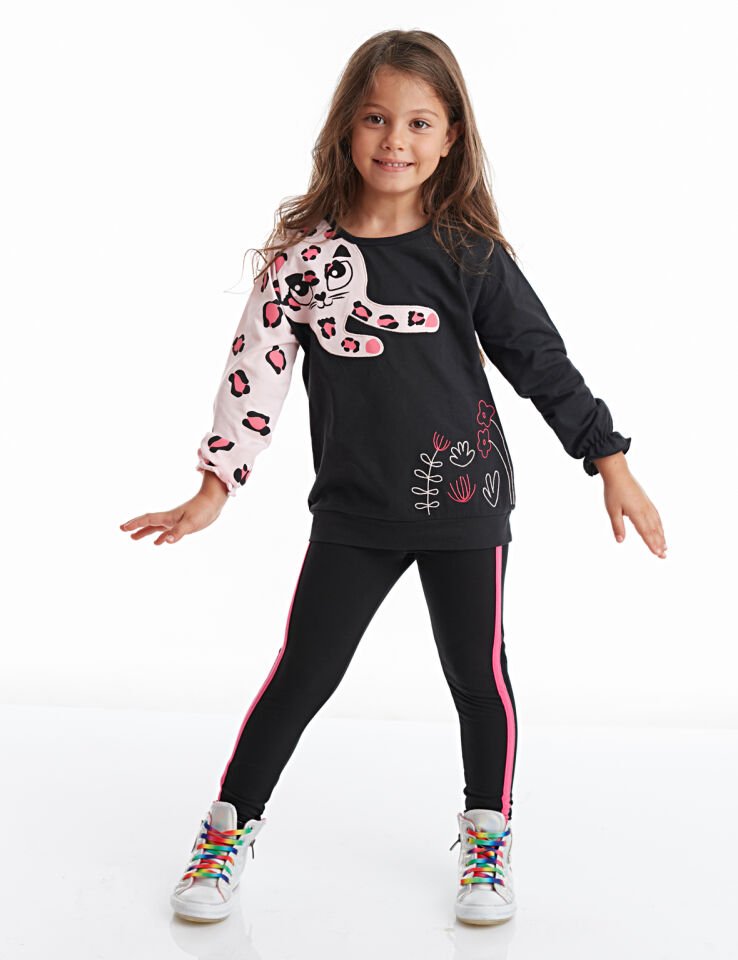 Çiçekli Leopar Kız Çocuk T-shirt Tayt Takım 5 Y - Siyah, Pembe