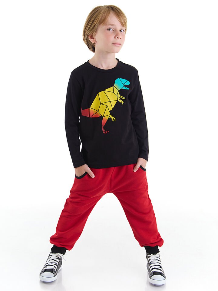Geometrik Dino Erkek Çocuk T-shirt Pantolon Takım 5 Y - Siyah, Kırmızı
