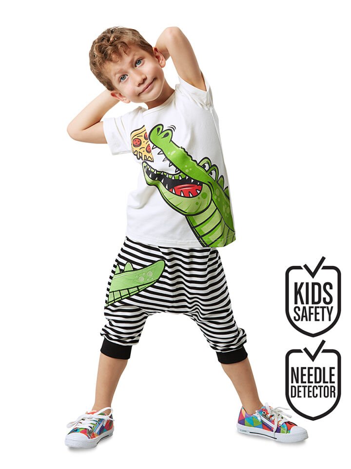 Pizza Timsah Erkek Çocuk T-shirt Kapri Şort Takım 8 Y - Beyas Siyah Yeşil