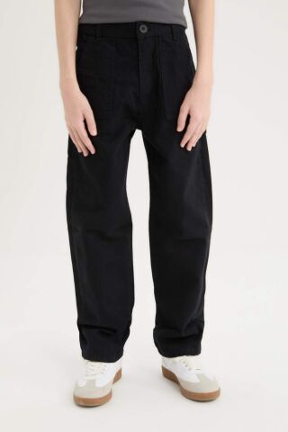 Erkek Çocuk Loose Fit Standart Paça Kargo Cepli Basic Düz Gabardin Siyah Pantolon