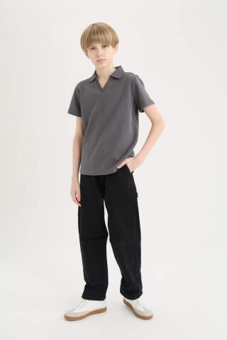 Erkek Çocuk Loose Fit Standart Paça Kargo Cepli Basic Düz Gabardin Siyah Pantolon