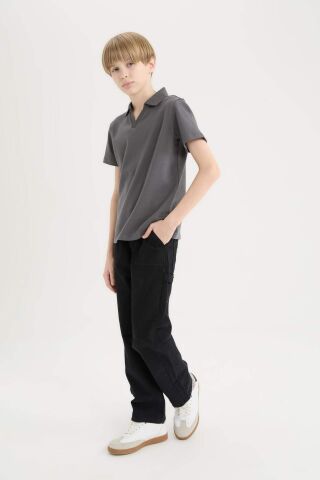 Erkek Çocuk Loose Fit Standart Paça Kargo Cepli Basic Düz Gabardin Siyah Pantolon