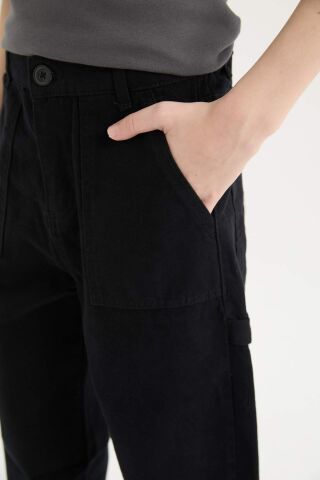 Erkek Çocuk Loose Fit Standart Paça Kargo Cepli Basic Düz Gabardin Siyah Pantolon