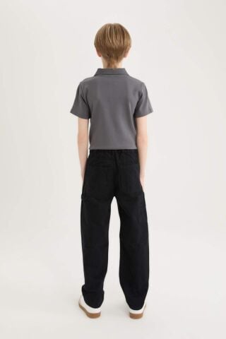 Erkek Çocuk Loose Fit Standart Paça Kargo Cepli Basic Düz Gabardin Siyah Pantolon