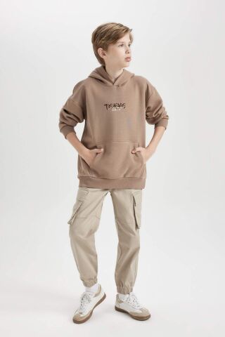 Erkek Çocuk Oversize Geniş Kalıp Sırt Baskılı Kapüşonlu Sweatshirt