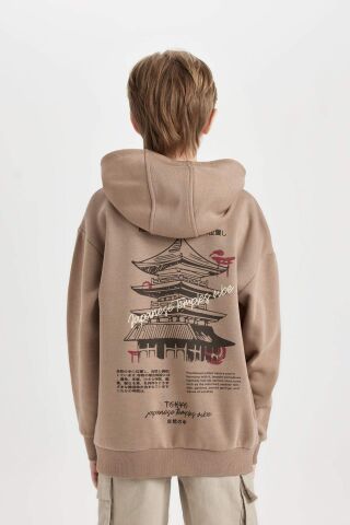 Erkek Çocuk Oversize Geniş Kalıp Sırt Baskılı Kapüşonlu Sweatshirt