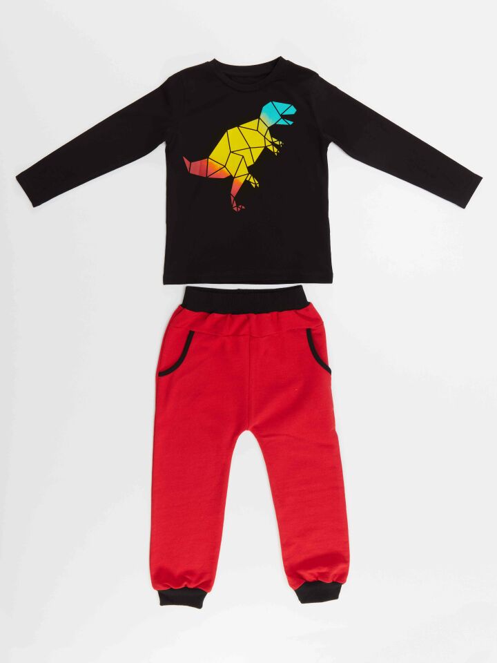 Geometrik Dino Erkek Çocuk T-shirt Pantolon Takım 6 Y - Siyah, Kırmızı