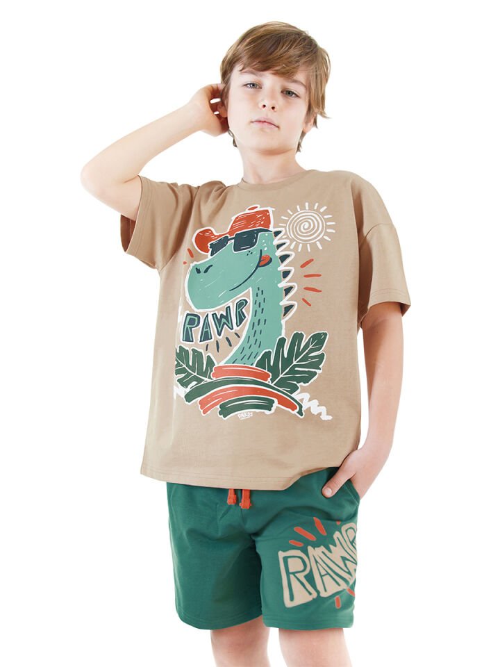 Summer Dino Erkek Çocuk T-shirt Şort Takım 7 Y - Haki