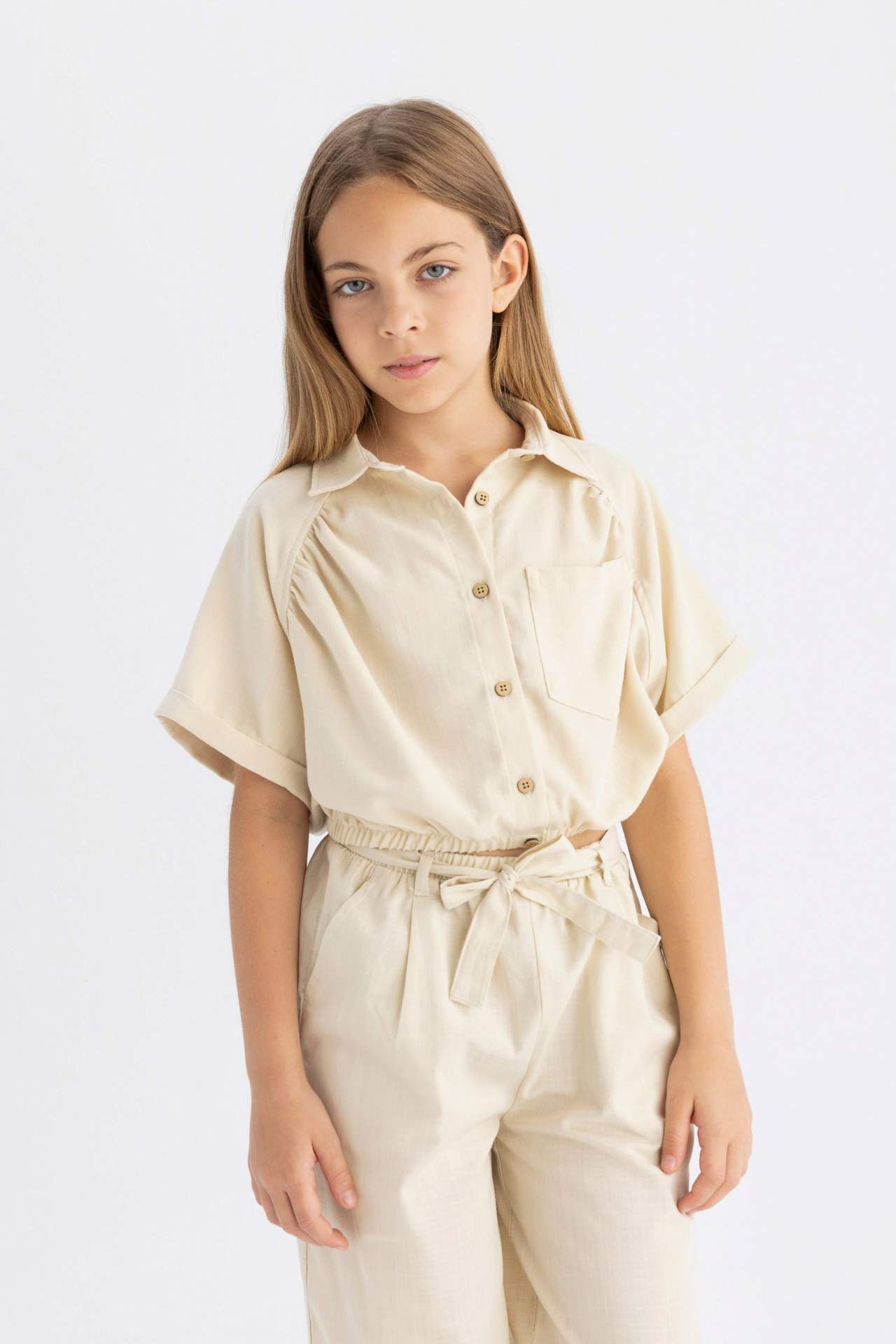Kız Çocuk Cropped Fit Pamuklu Kısa Kollu Gömlek