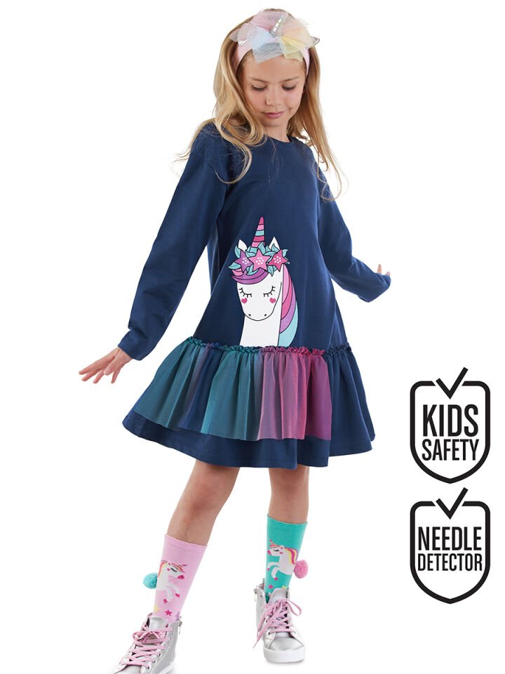 Tüllü Unicorn Kız Çocuk Lacivert Elbise