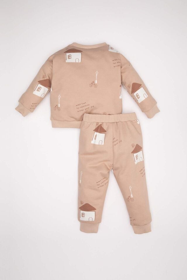 Erkek Bebek 2'li Takım Desenli Bisiklet Yaka Sweatshirt Beli Lastikli Jogger Eşofman Altı