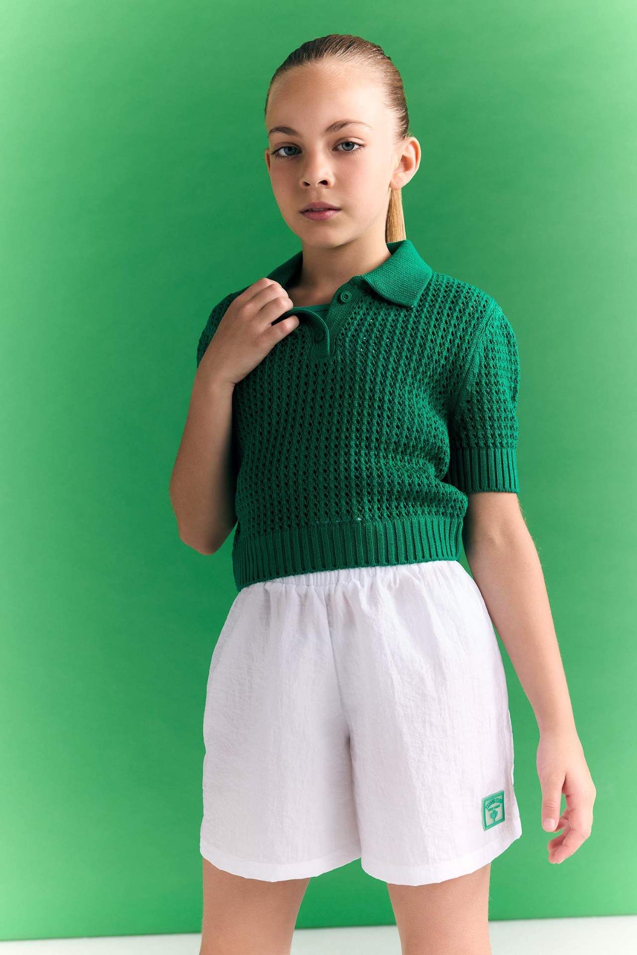 Kız Çocuk Crop Polo Yaka Triko Kazak