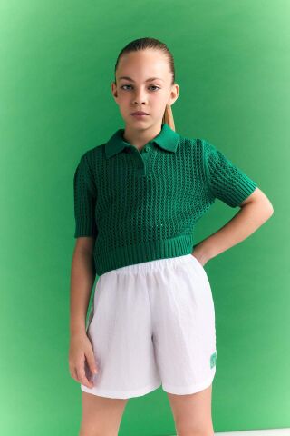 Kız Çocuk Crop Polo Yaka Triko Kazak