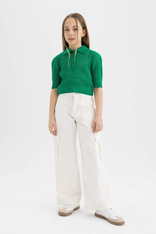 Kız Çocuk Crop Polo Yaka Triko Kazak