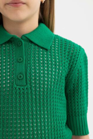 Kız Çocuk Crop Polo Yaka Triko Kazak