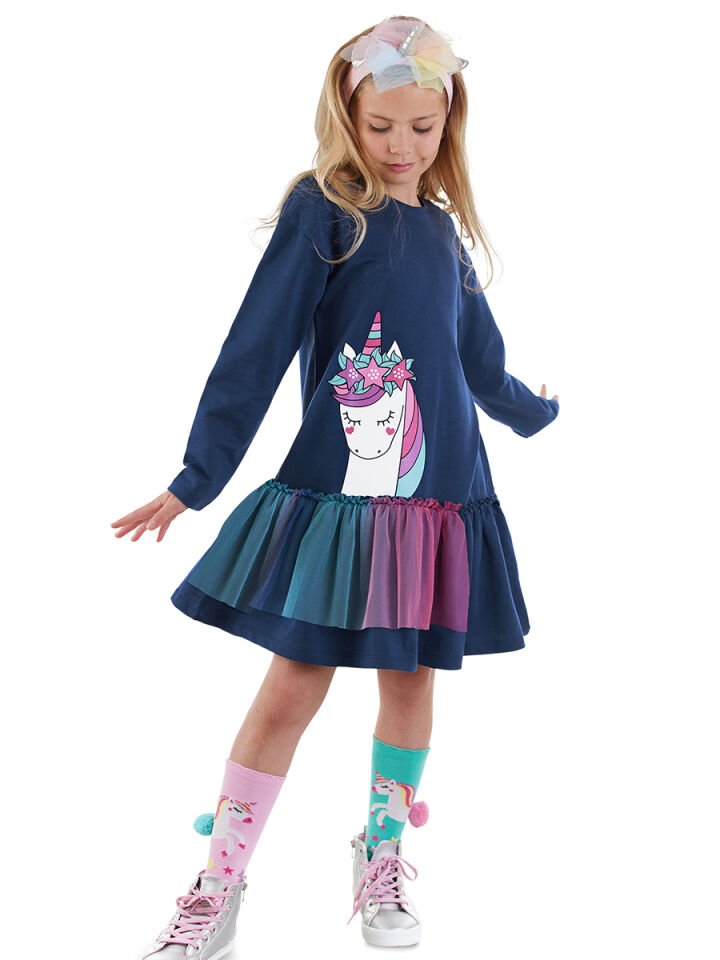 Tüllü Unicorn Kız Çocuk Lacivert Elbise 3 Y - Lacivert