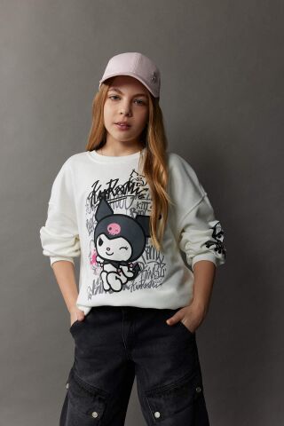 Kız Çocuk Kuromi Oversize Geniş Kalıp Bisiklet Yaka Hayvan Desenli Sweatshirt