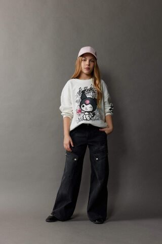 Kız Çocuk Kuromi Oversize Geniş Kalıp Bisiklet Yaka Hayvan Desenli Sweatshirt