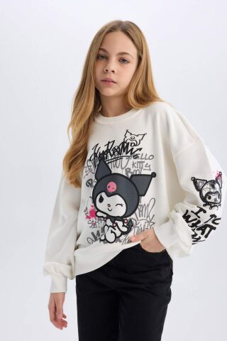 Kız Çocuk Kuromi Oversize Geniş Kalıp Bisiklet Yaka Hayvan Desenli Sweatshirt