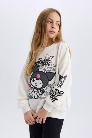 Kız Çocuk Kuromi Oversize Geniş Kalıp Bisiklet Yaka Hayvan Desenli Sweatshirt